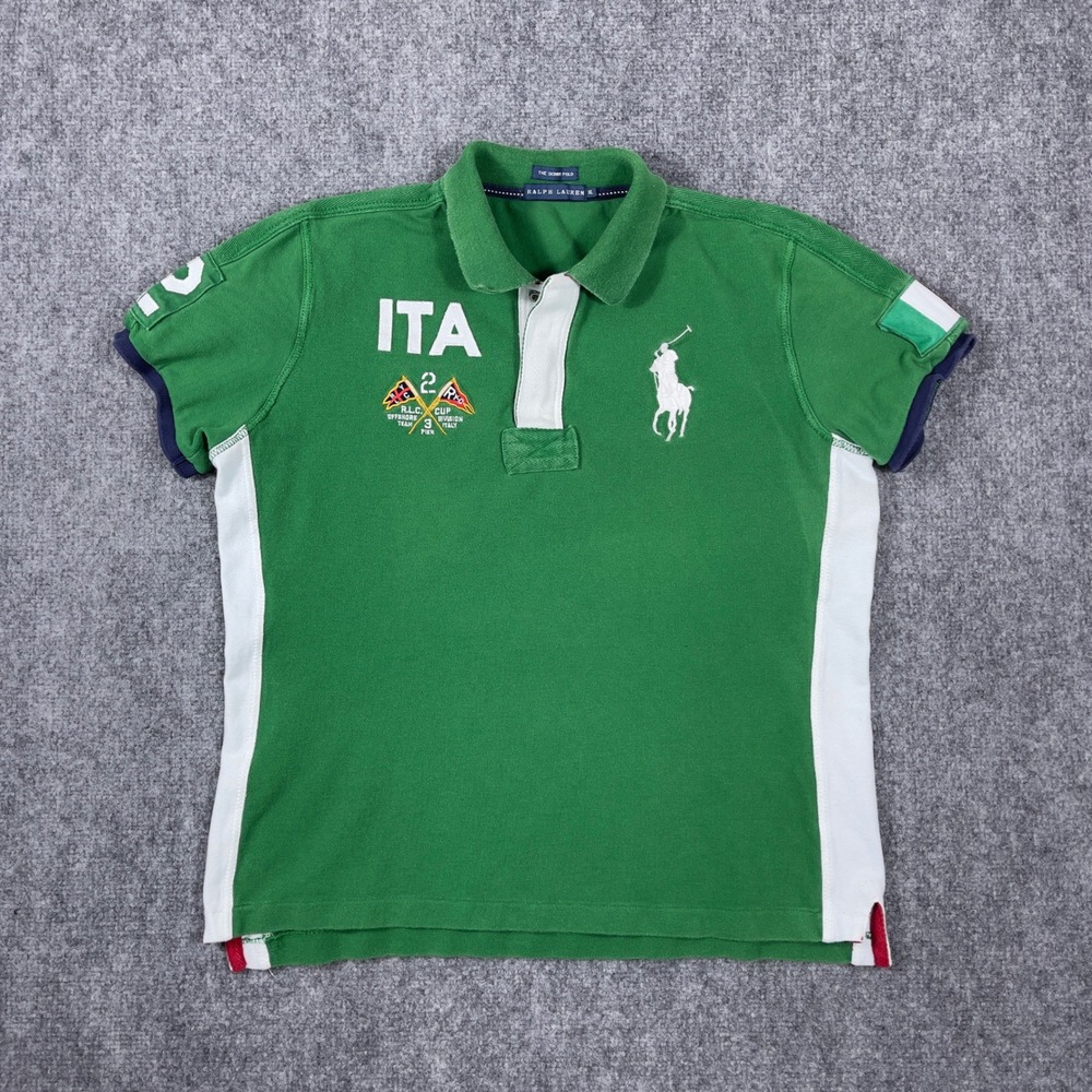 Vintage Ralph Lauren Polo Shirt XL Green Italy Big Pony Skinny Fit Short Sleeve